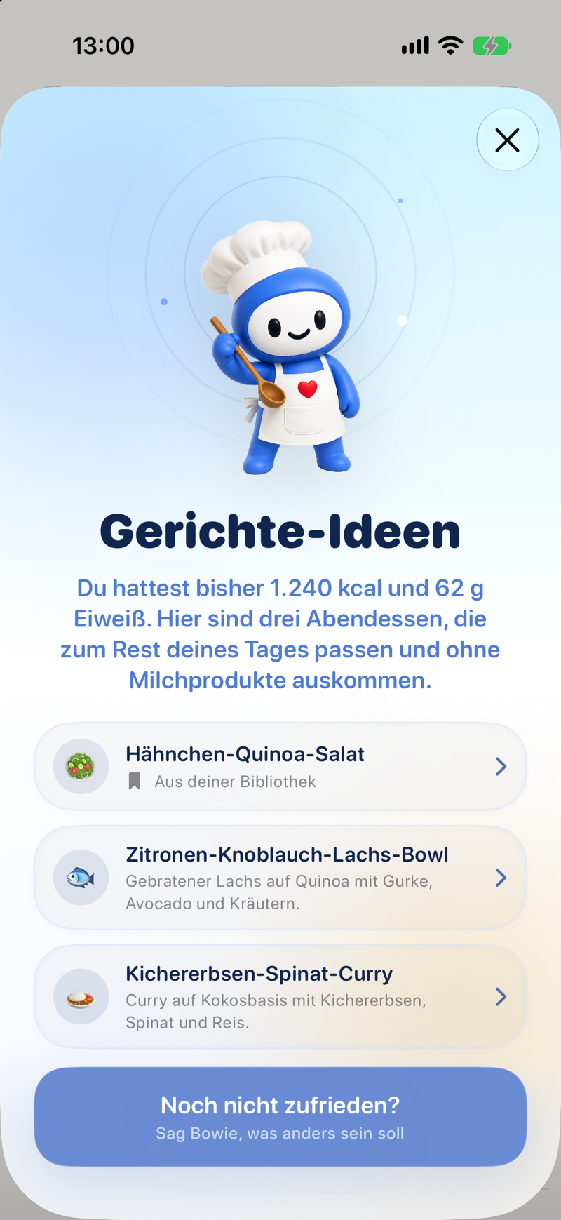 Lopie Rezeptansicht mit einer Mahlzeit, aufgeschlüsselt in ihre Bestandteile