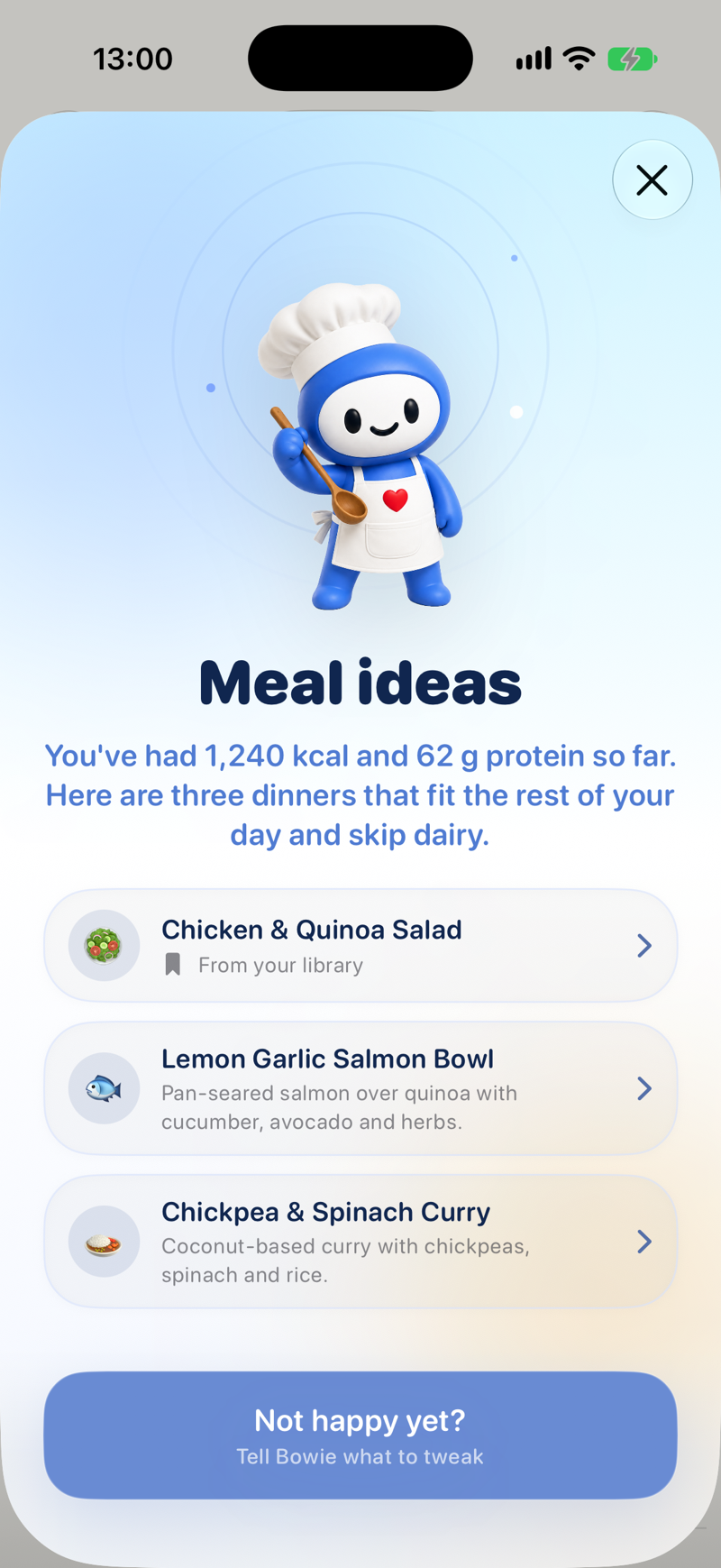 Lopie recipe view with a meal broken down into its parts