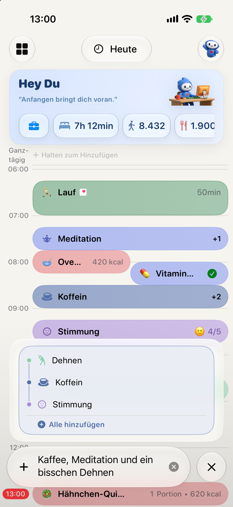Sprachaufnahme in Lopie macht aus 'Kaffee, Meditation und Dehnen' drei Gewohnheiten auf der Timeline