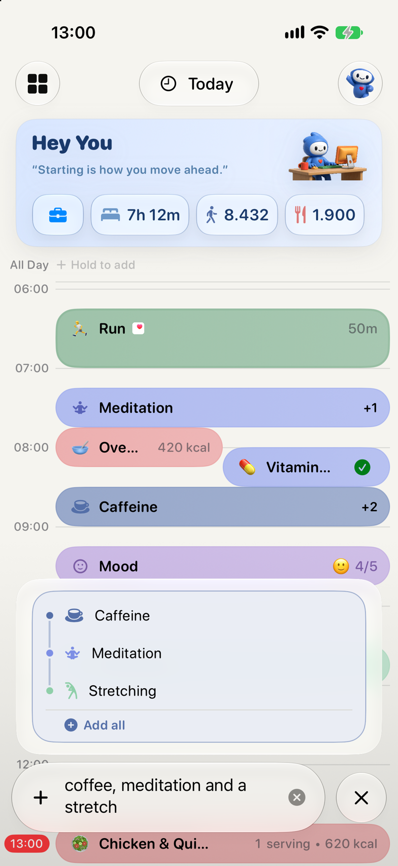 Voice entry in Lopie turning 'coffee, meditation and a stretch' into three habits on the timeline