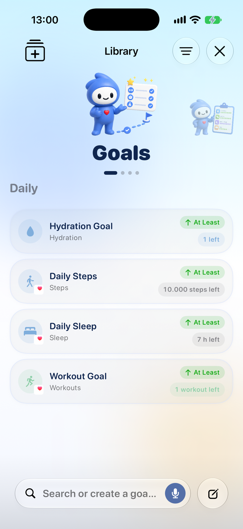 Lopie goals screen with daily habits and their streaks