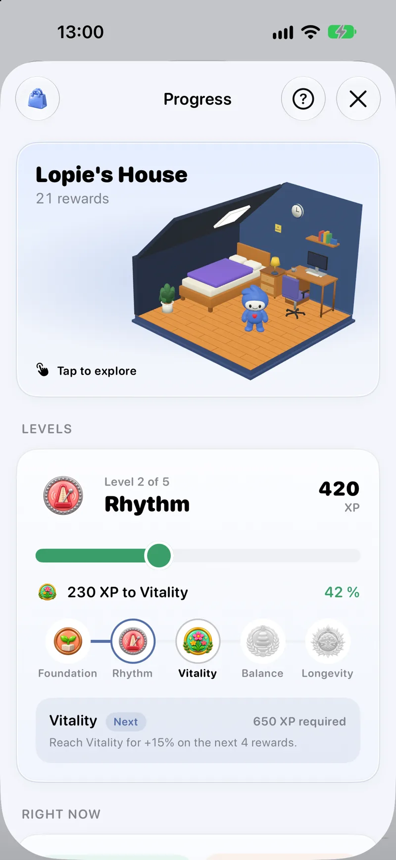 Journey screen with the current level, coins and goal streaks
