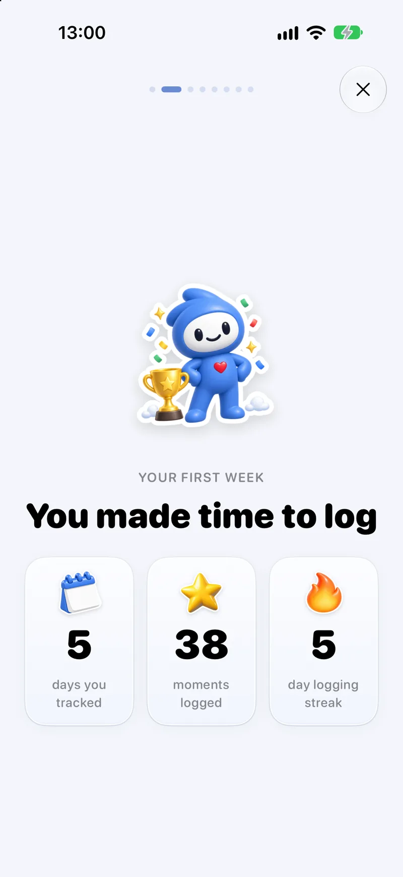 Weekly recap showing days tracked, moments logged and the streak